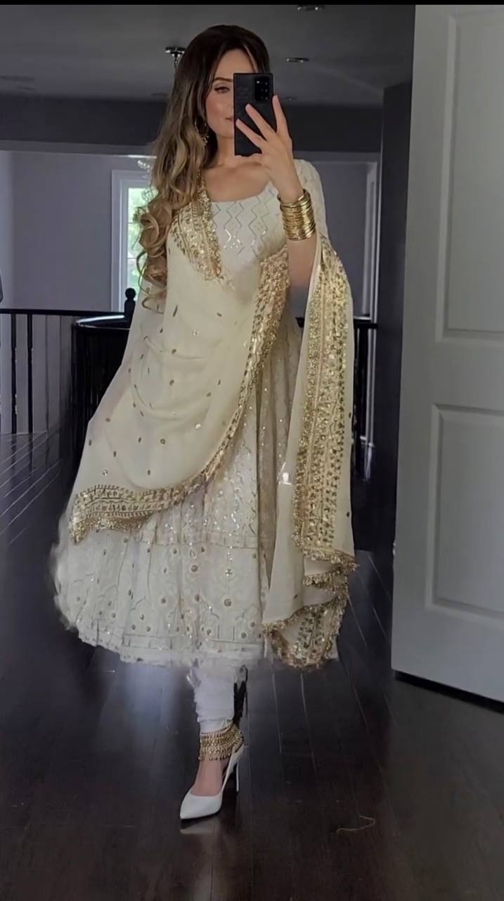 White Golden Heavy Georgette Anarkali Set With Sequins & Dupatta