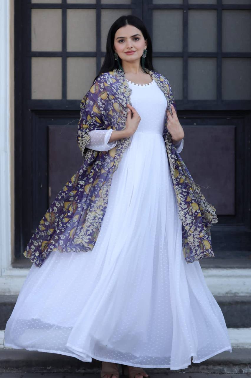 Elegant White Georgette Gown with Organza Kalamkari &amp; Leheriya Dupatta LF-9139