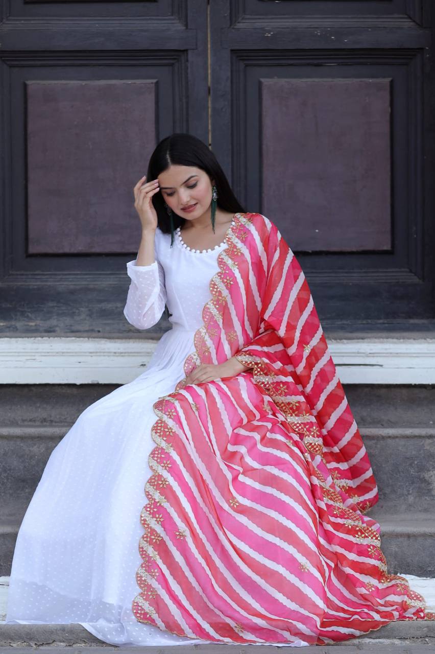 Elegant White Georgette Gown with Organza Kalamkari &amp; Leheriya Dupatta LF-9139