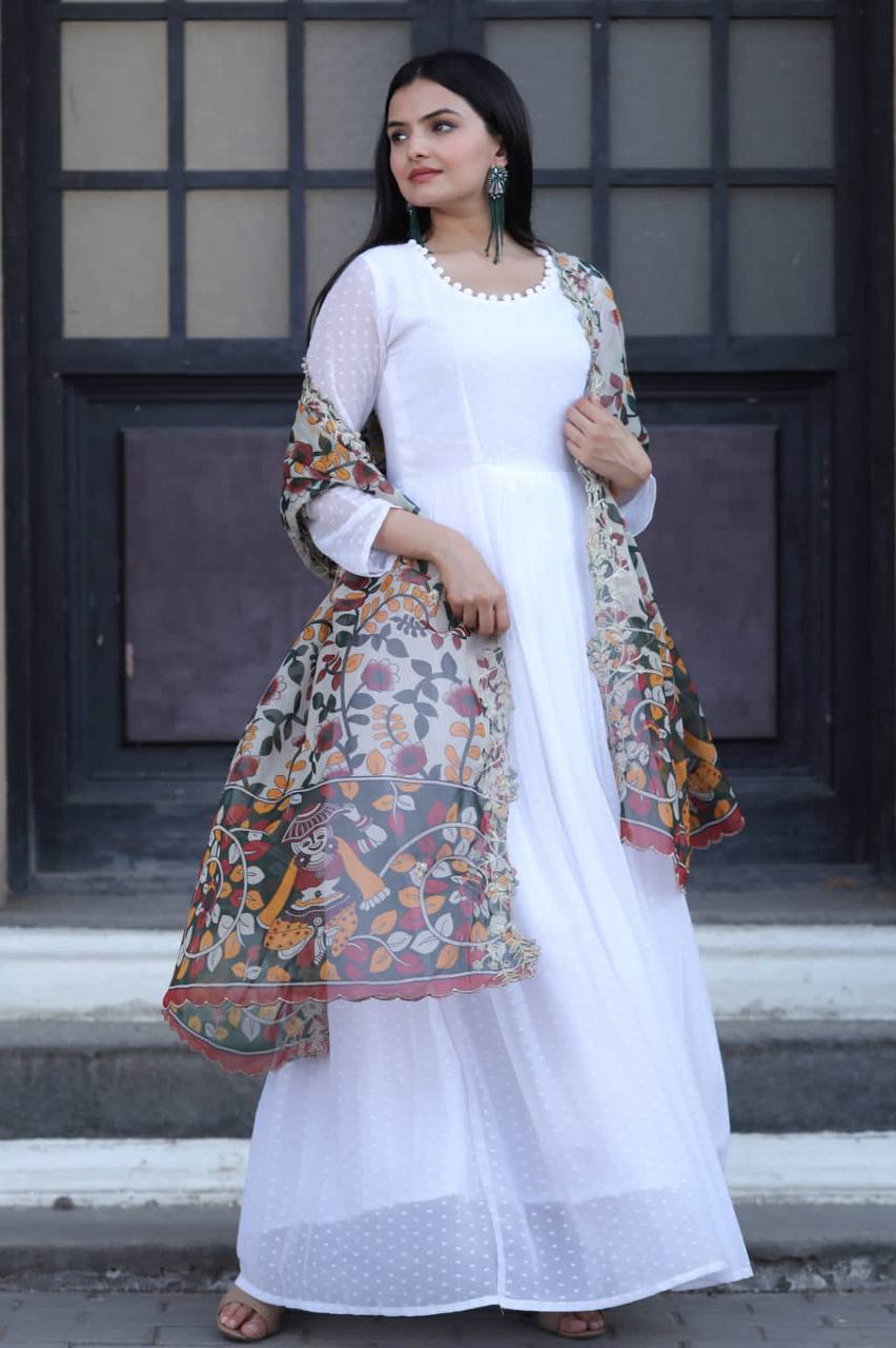 Elegant White Georgette Gown with Organza Kalamkari &amp; Leheriya Dupatta LF-9139