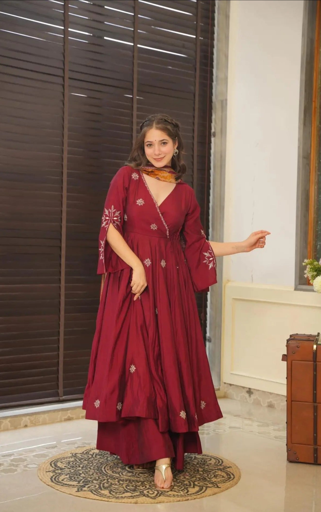 Maroon colour embroidery anrakli suit for women LF-148