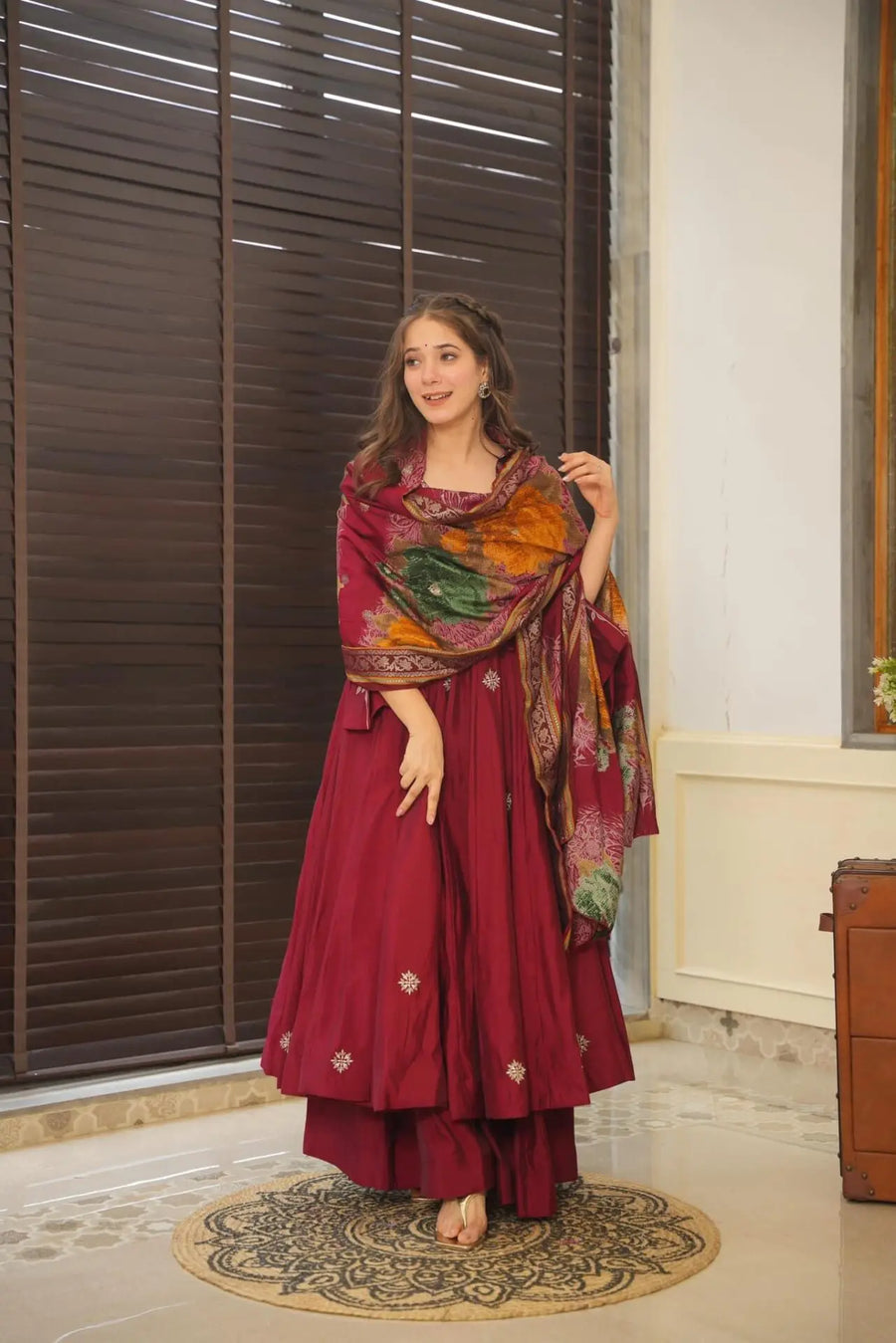 Maroon colour embroidery anrakli suit for women LF-148