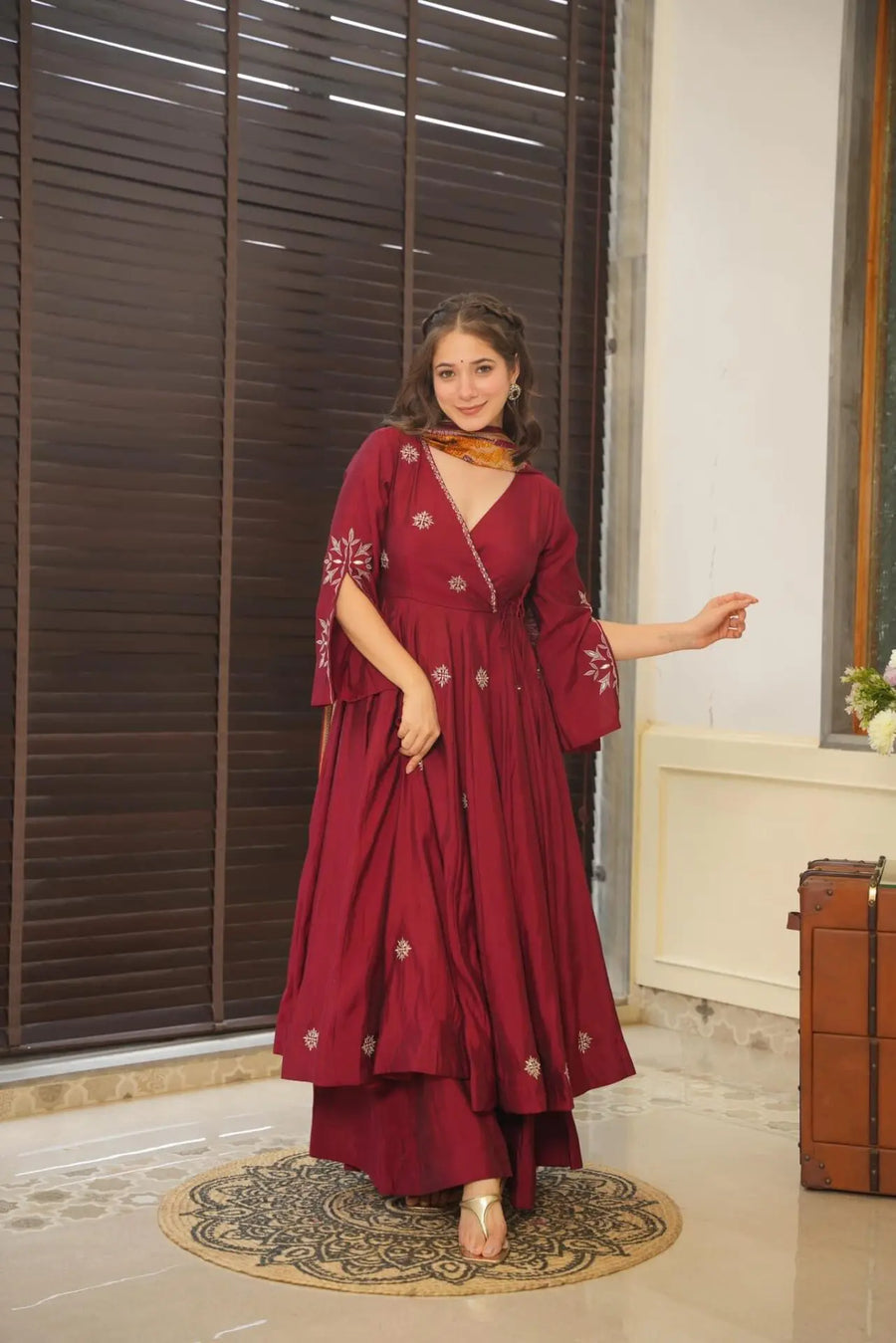 Maroon colour embroidery anrakli suit for women LF-148