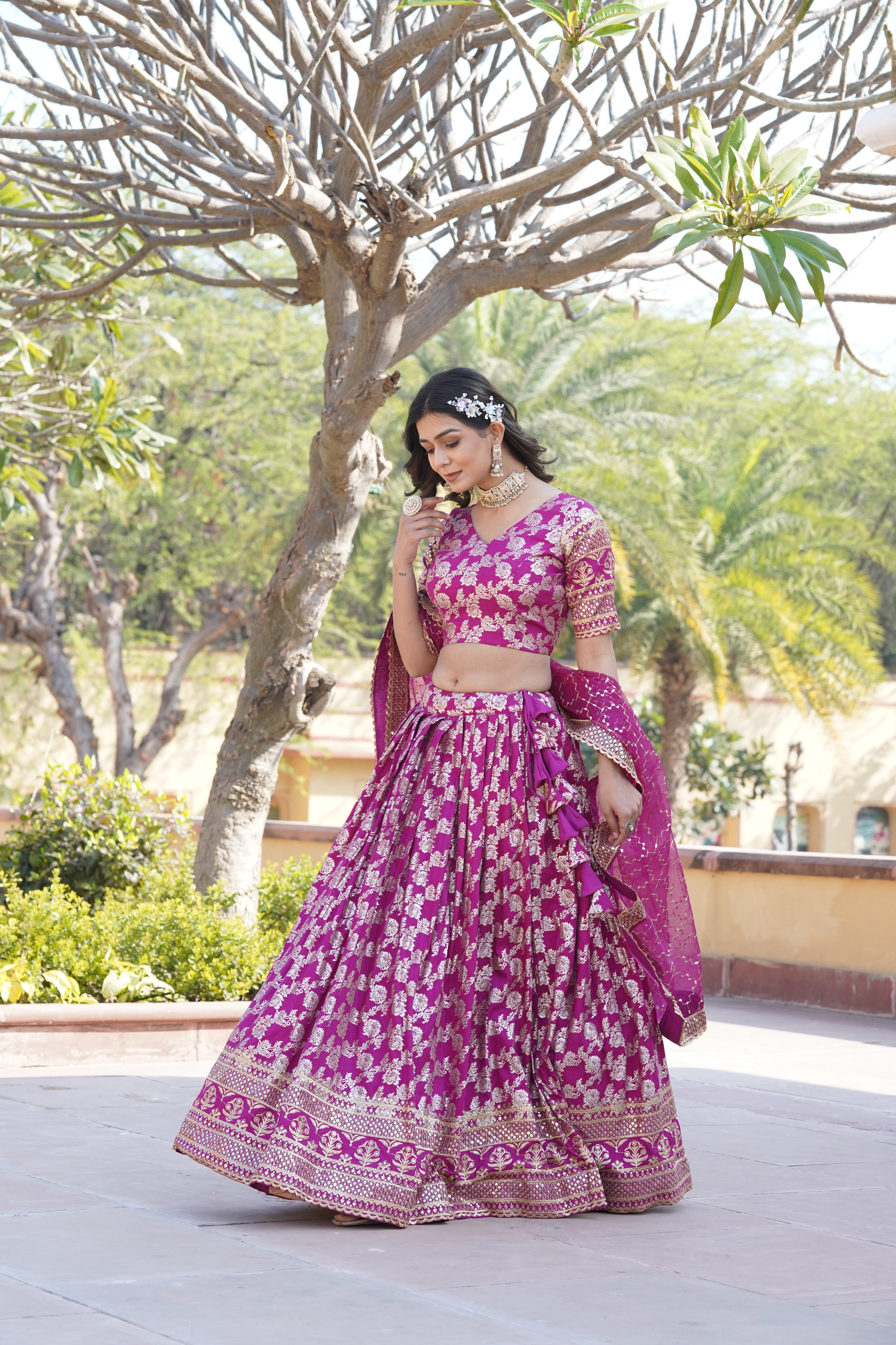 Designer Dyeable Pure Viscose Jacquard Lehenga Choli & Dupatta Set LW-7097