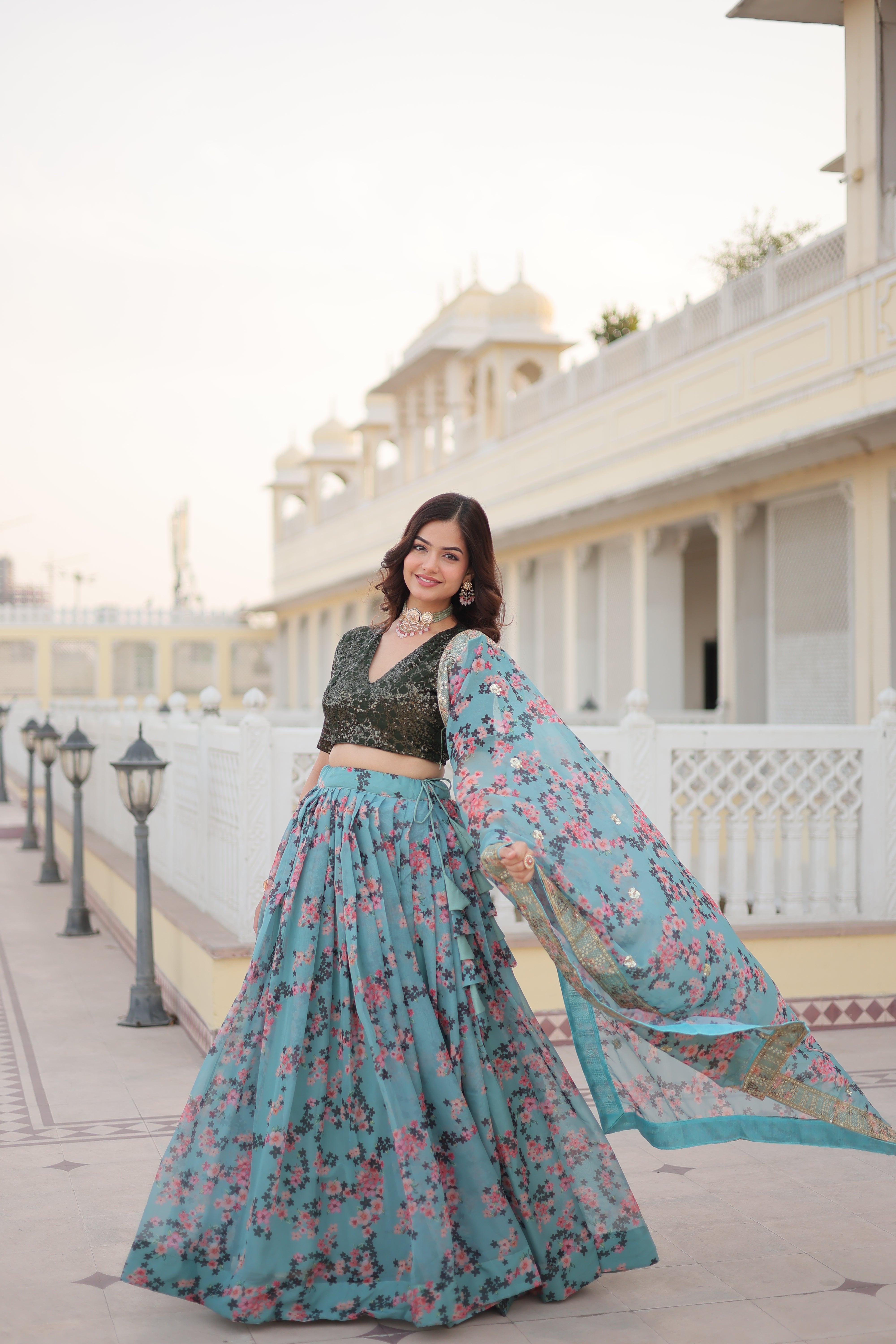 Premium Digital Printed Russian Silk Lehenga Choli Set LW-7098