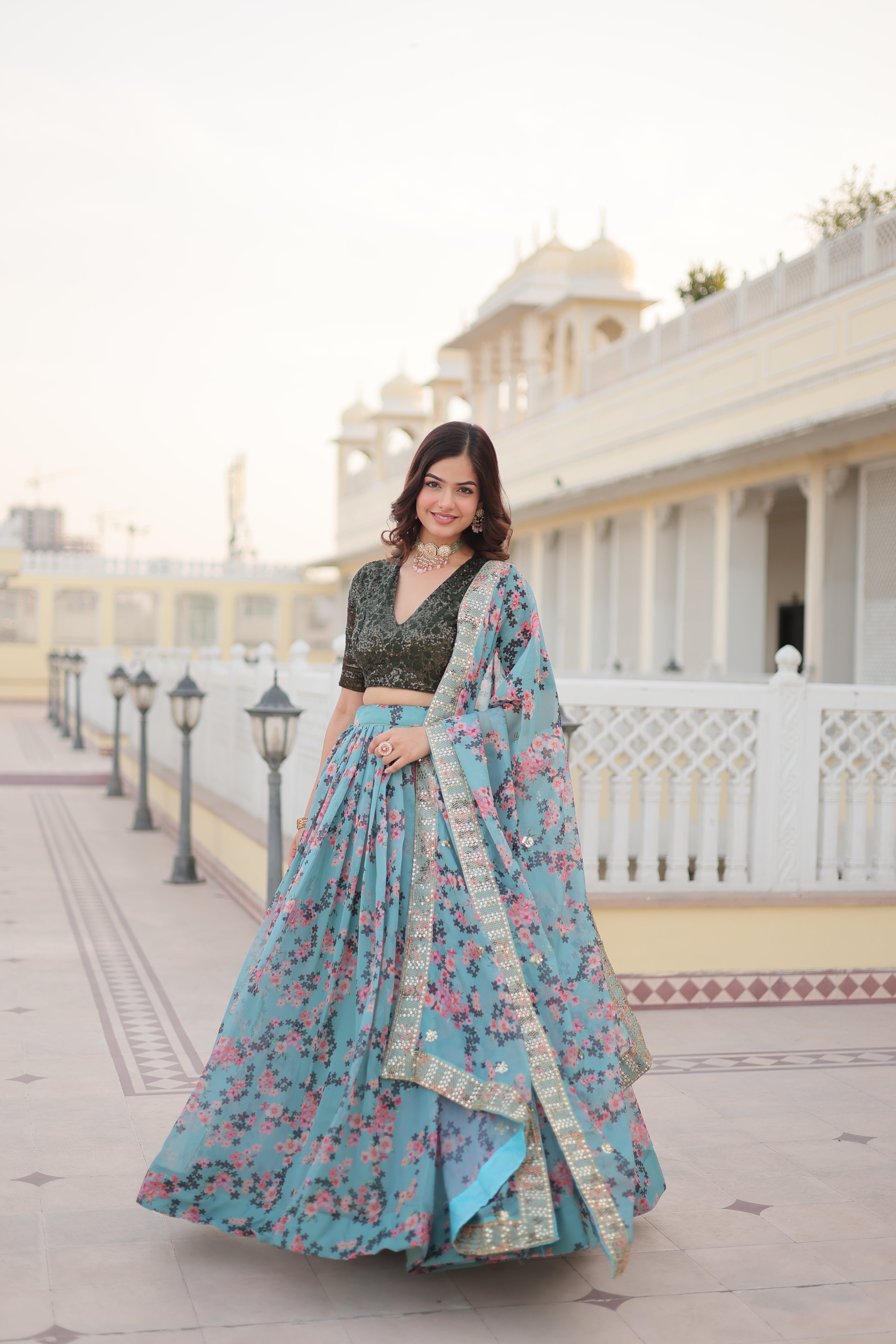 Premium Digital Printed Russian Silk Lehenga Choli Set LW-7098