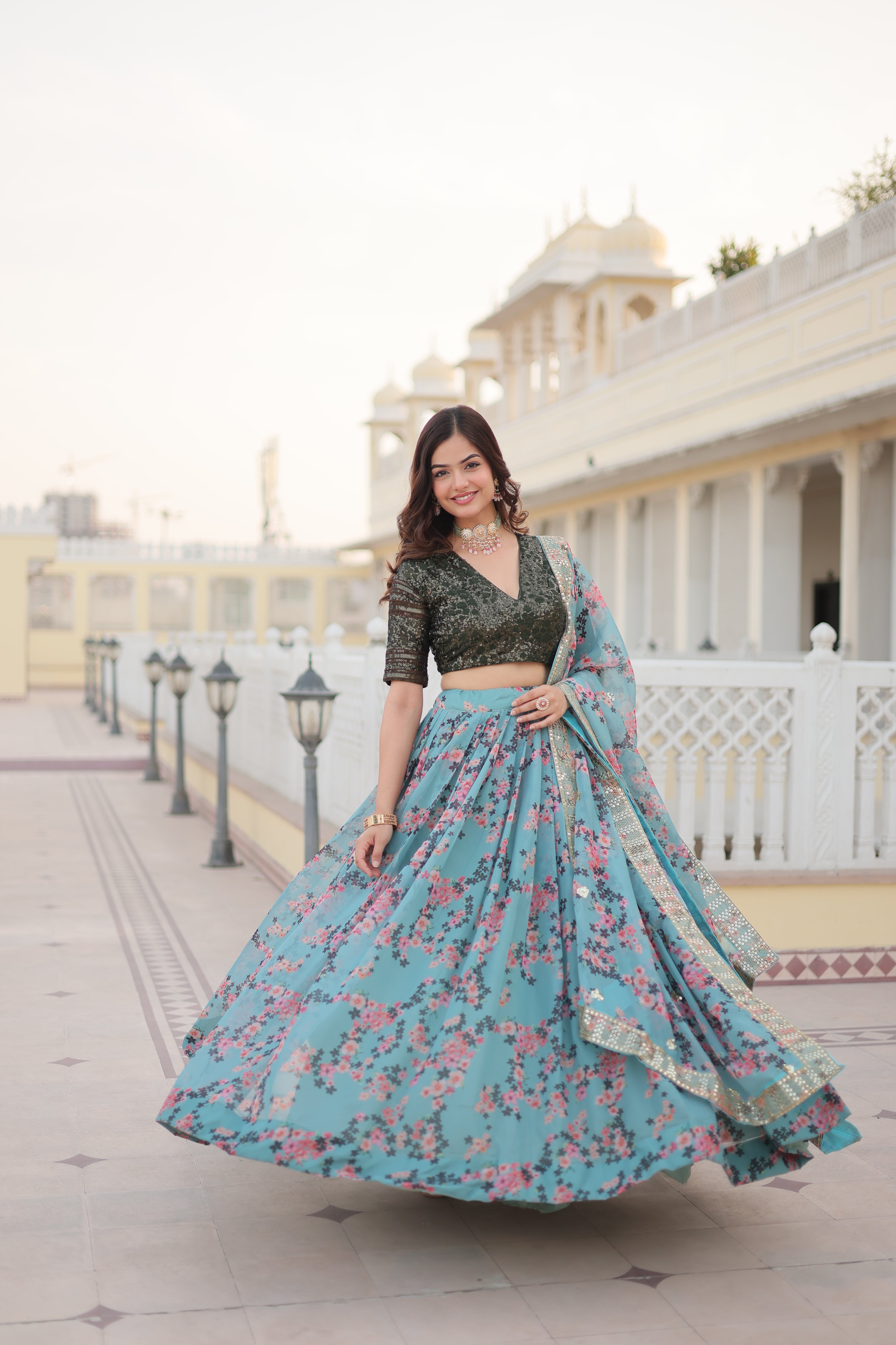 Premium Digital Printed Russian Silk Lehenga Choli Set LW-7098