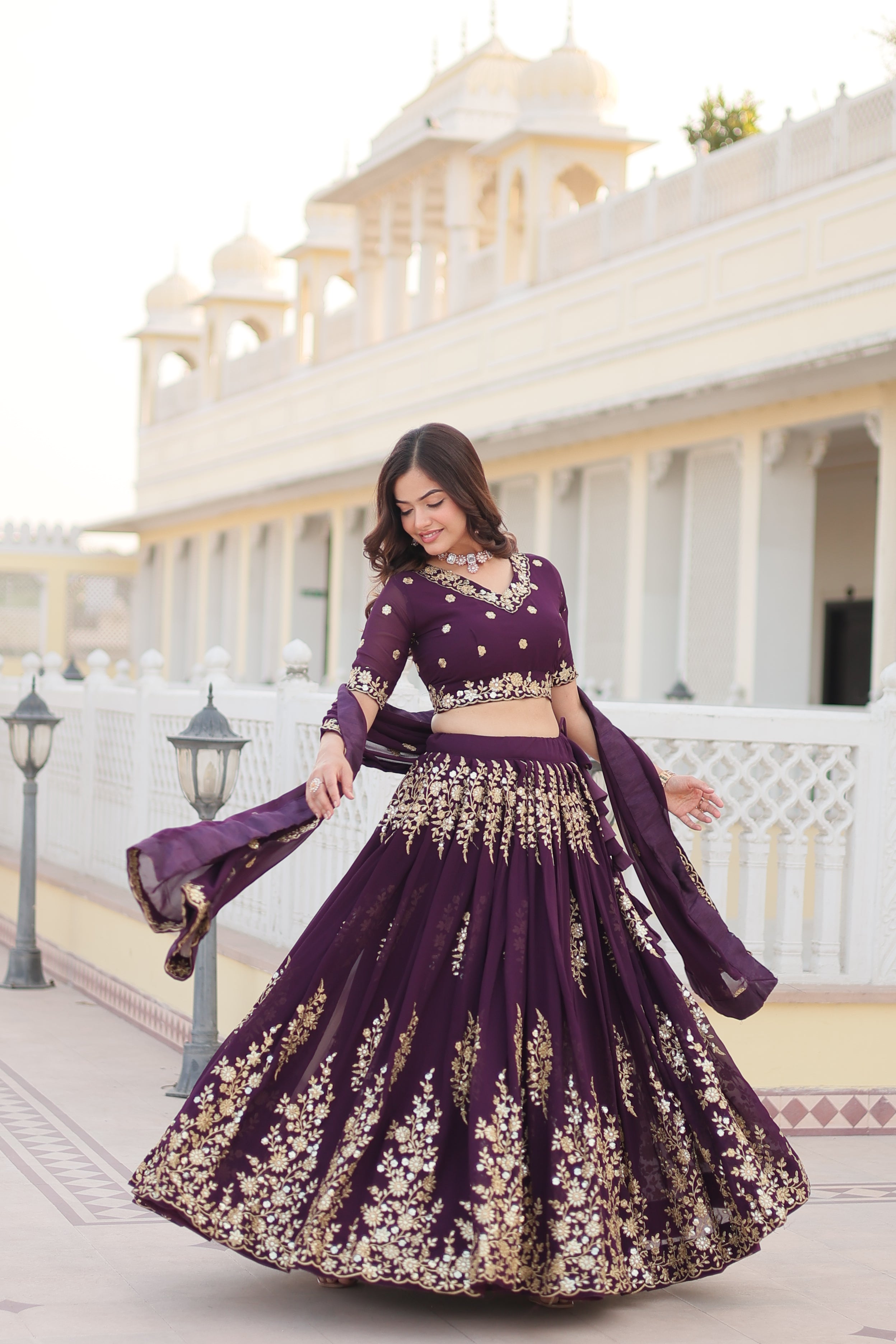 Wine Embroidered Faux Georgette Lehenga Choli Set with Dupatta LW-7102