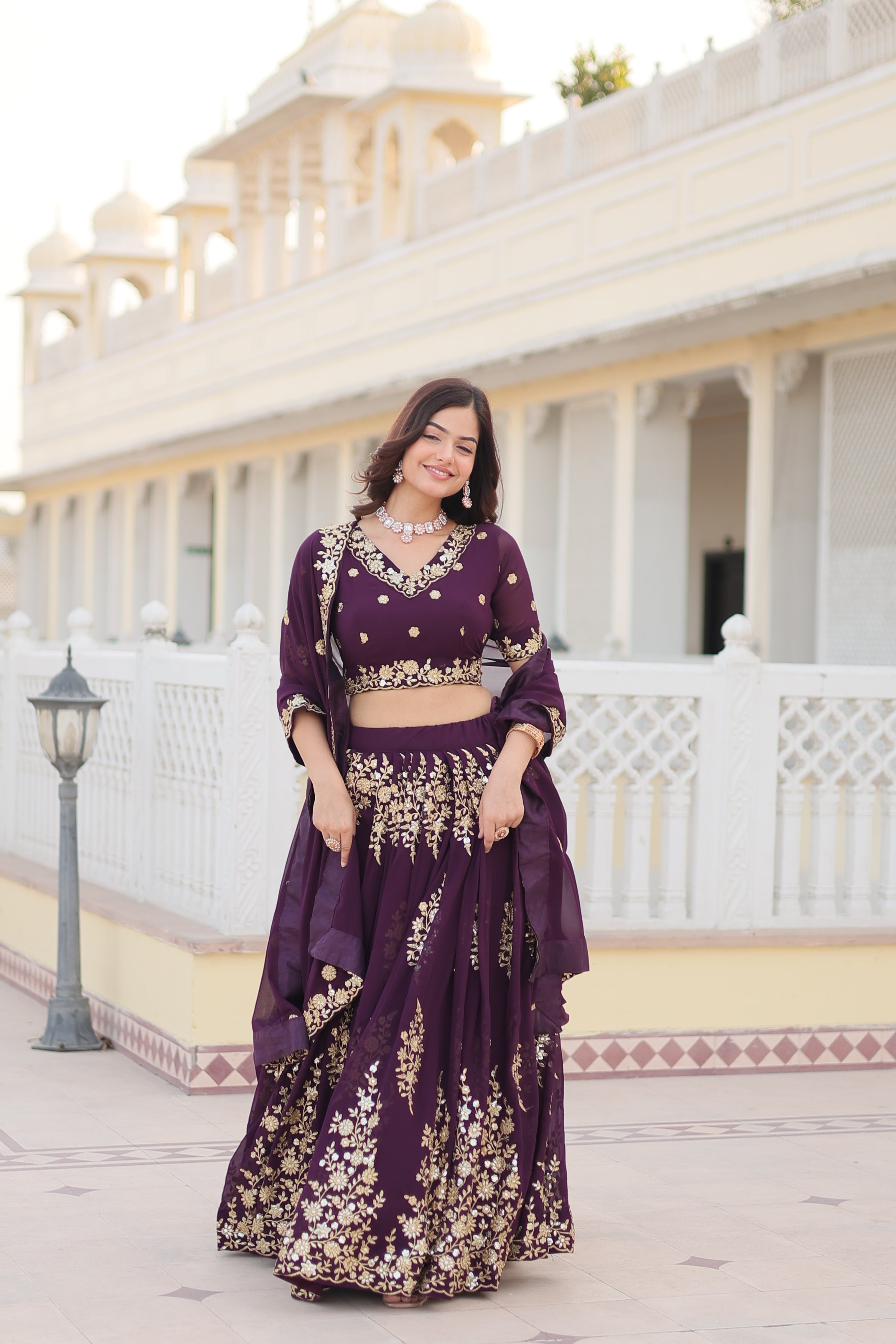 Wine Embroidered Faux Georgette Lehenga Choli Set with Dupatta LW-7102