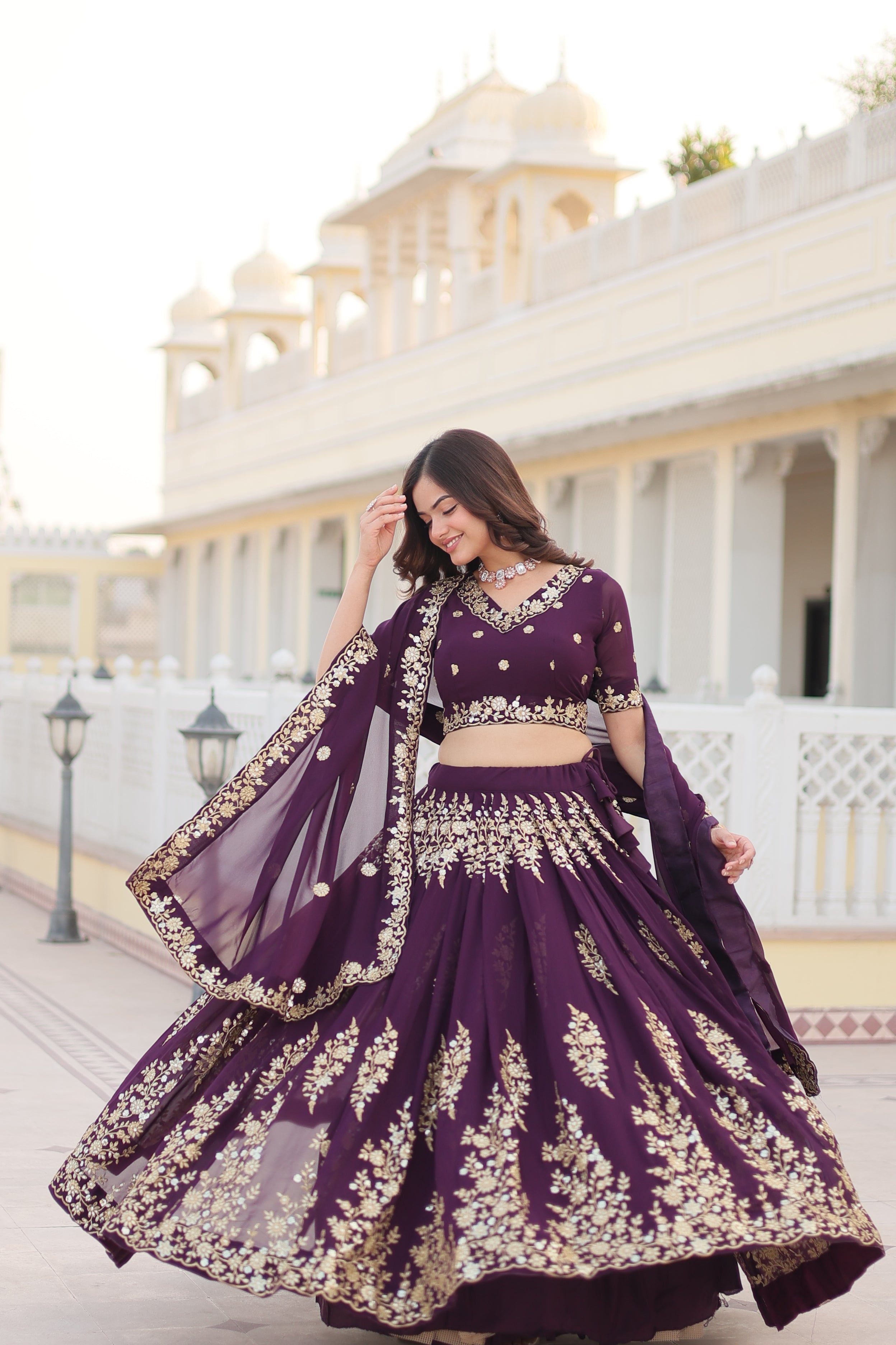 Wine Embroidered Faux Georgette Lehenga Choli Set with Dupatta LW-7102