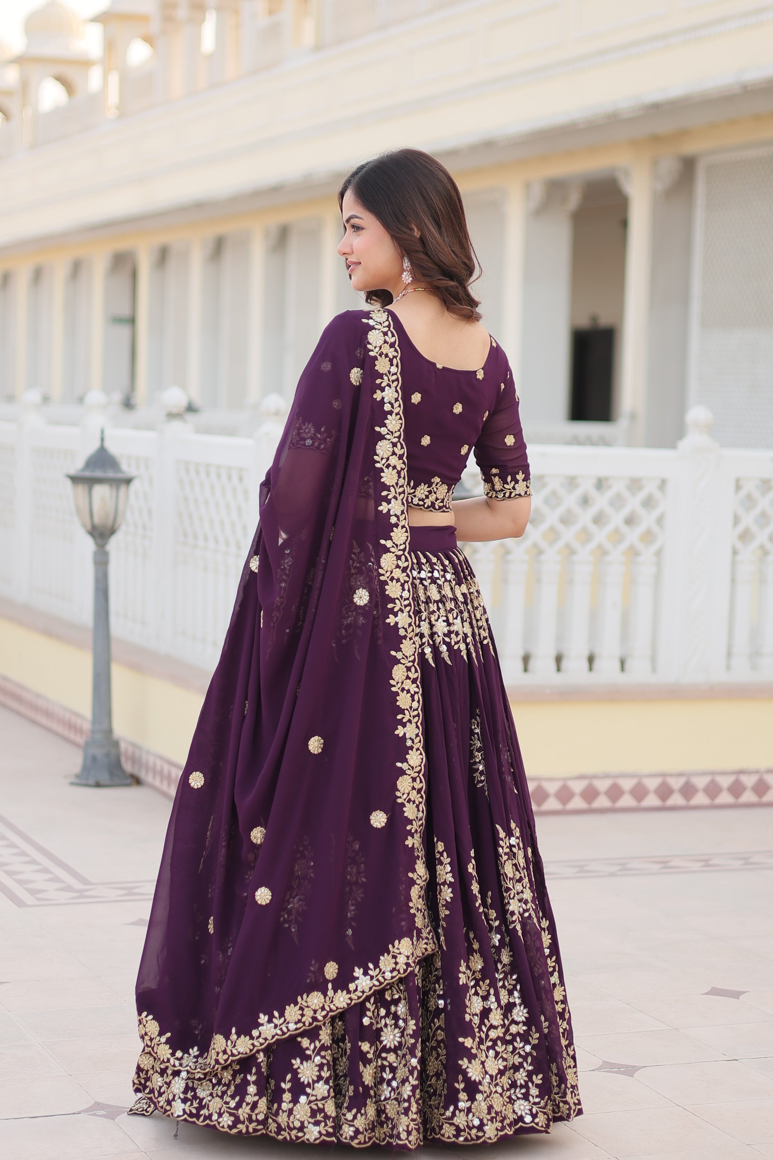 Wine Embroidered Faux Georgette Lehenga Choli Set with Dupatta LW-7102