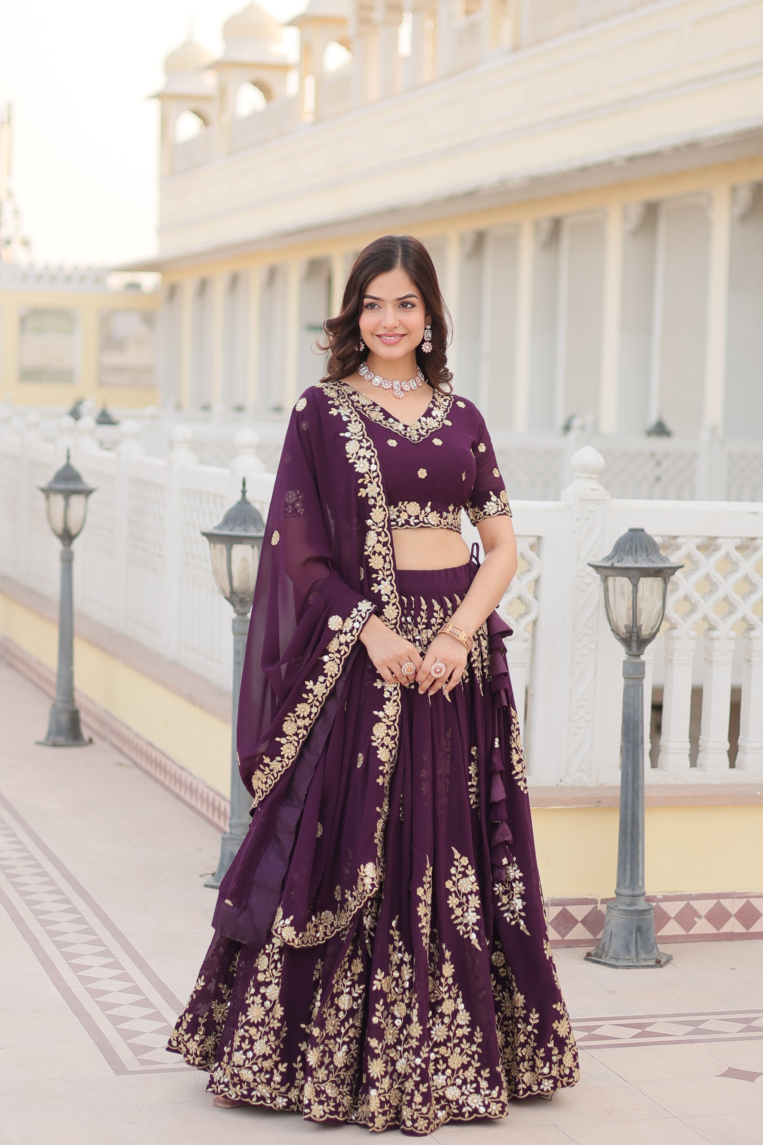 Wine Embroidered Faux Georgette Lehenga Choli Set with Dupatta LW-7102