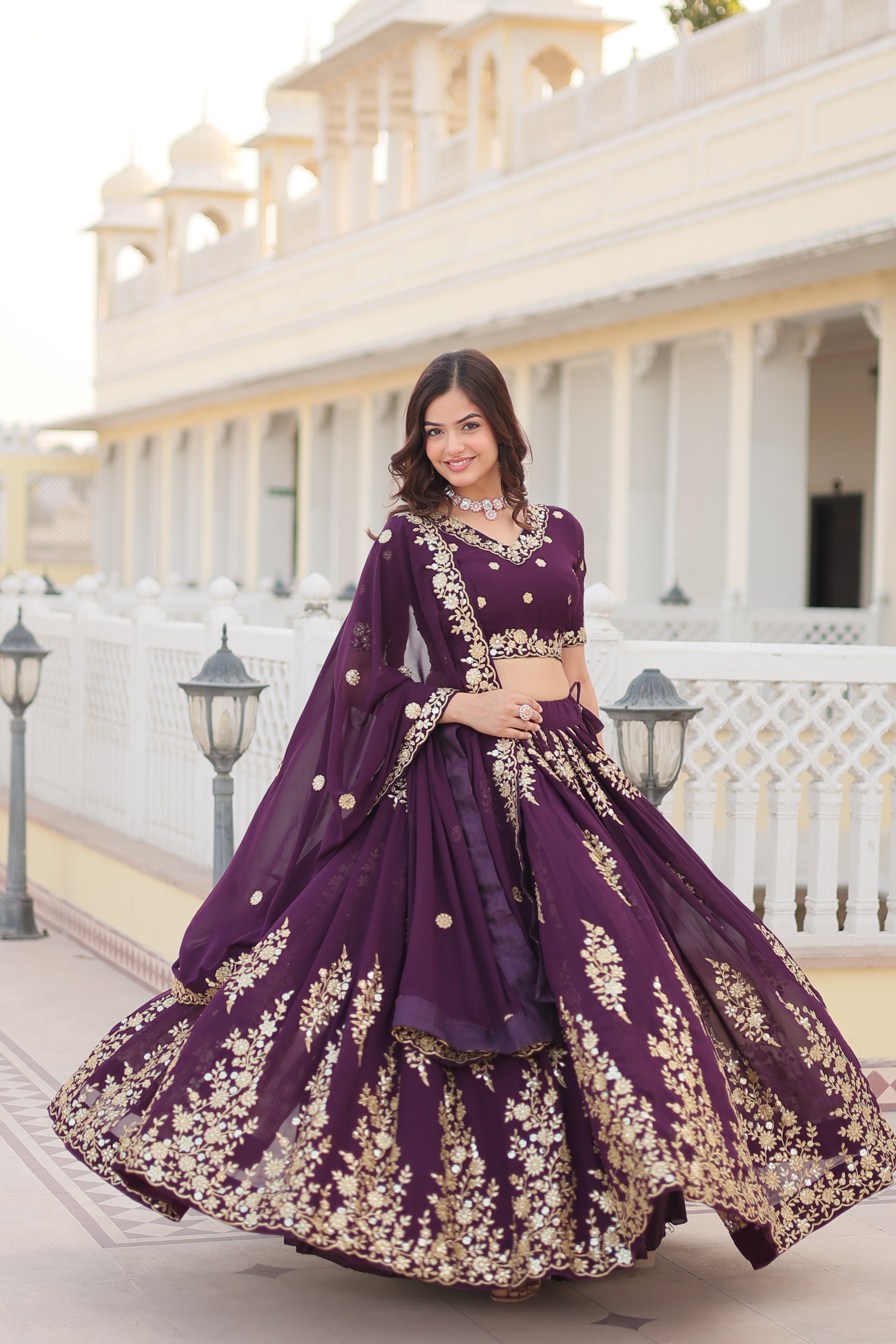 Wine Embroidered Faux Georgette Lehenga Choli Set with Dupatta LW-7102