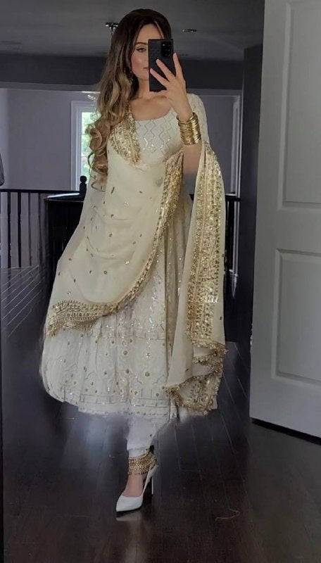 White Golden Heavy Georgette Anarkali Set With Sequins & Dupatta