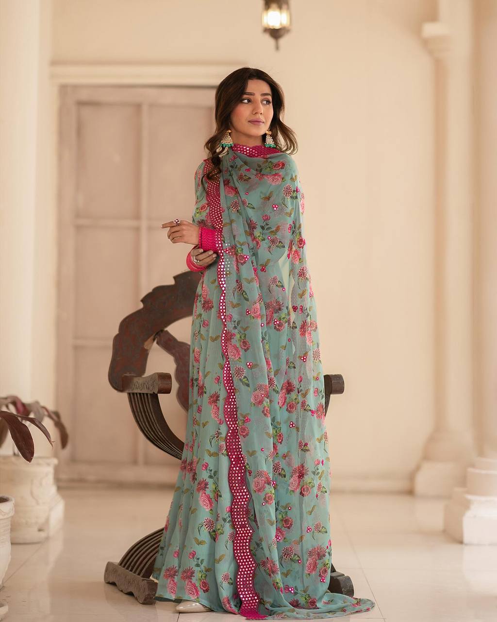 Sky Floral Color Long Gown For Women LF-6012