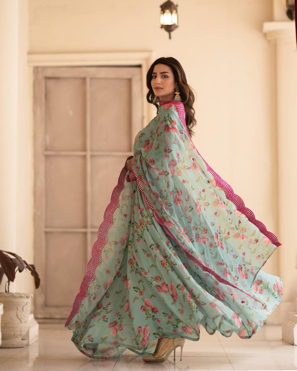 Sky Floral Color Long Gown For Women LF-6012