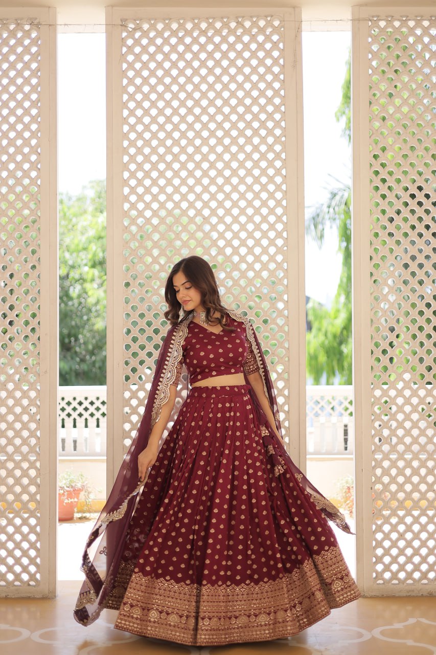 Elegant Dyable Viscose Jacquard Lehenga Choli Set with Arco-Cut Work Dupatta LW-7106