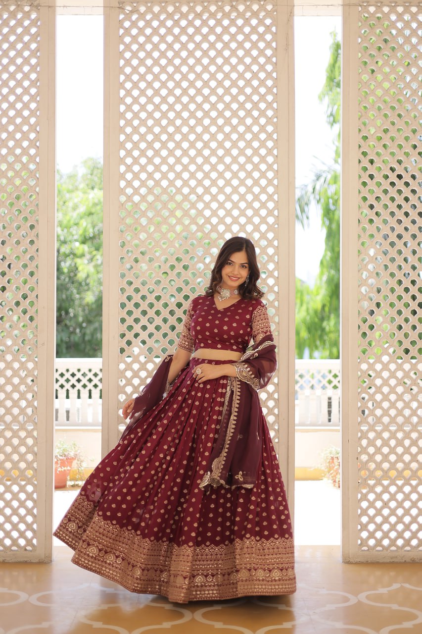 Elegant Dyable Viscose Jacquard Lehenga Choli Set with Arco-Cut Work Dupatta LW-7106