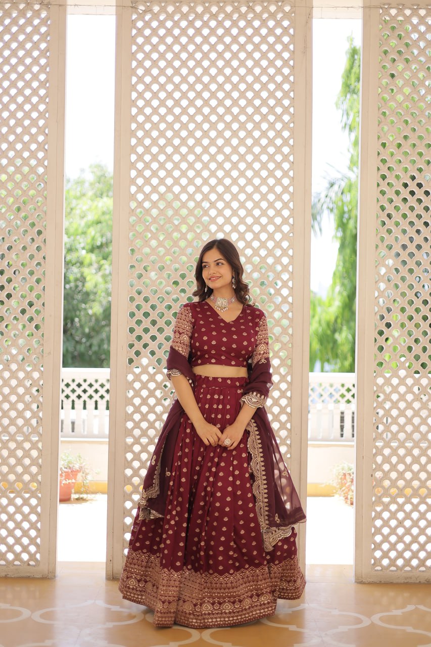 Elegant Dyable Viscose Jacquard Lehenga Choli Set with Arco-Cut Work Dupatta LW-7106