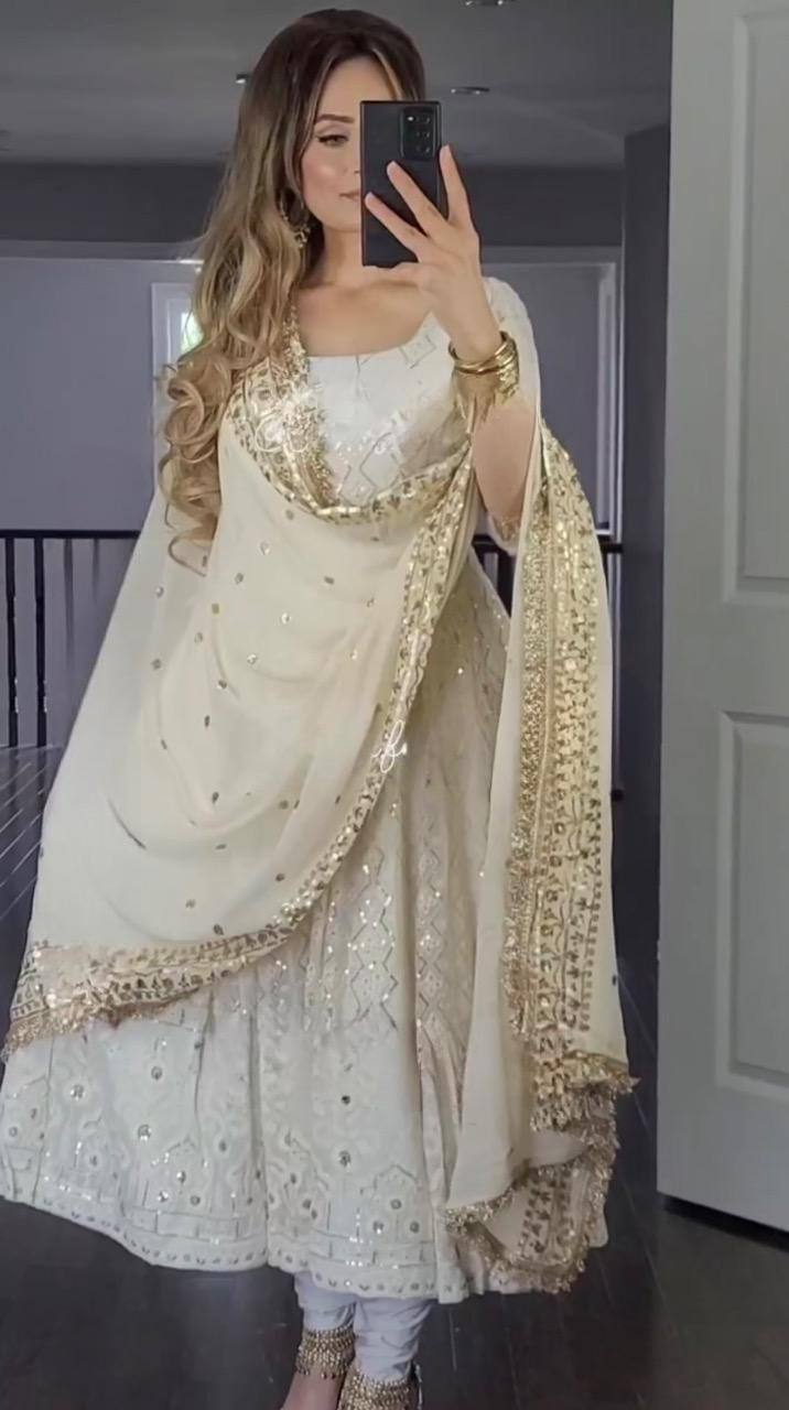 White Golden Heavy Georgette Anarkali Set With Sequins & Dupatta