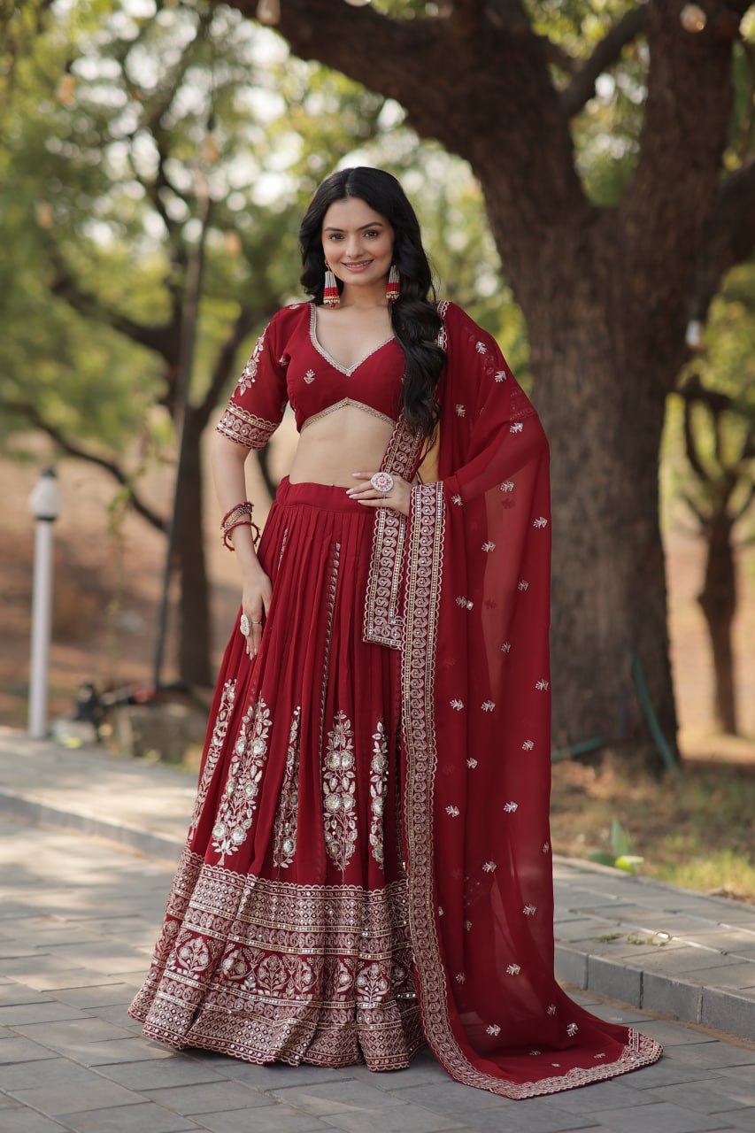 Trending Maroon Embroidered Georgette Lehenga Set (LF-7114)