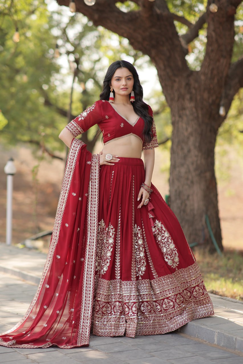 Trending Maroon Embroidered Georgette Lehenga Set (LF-7114)