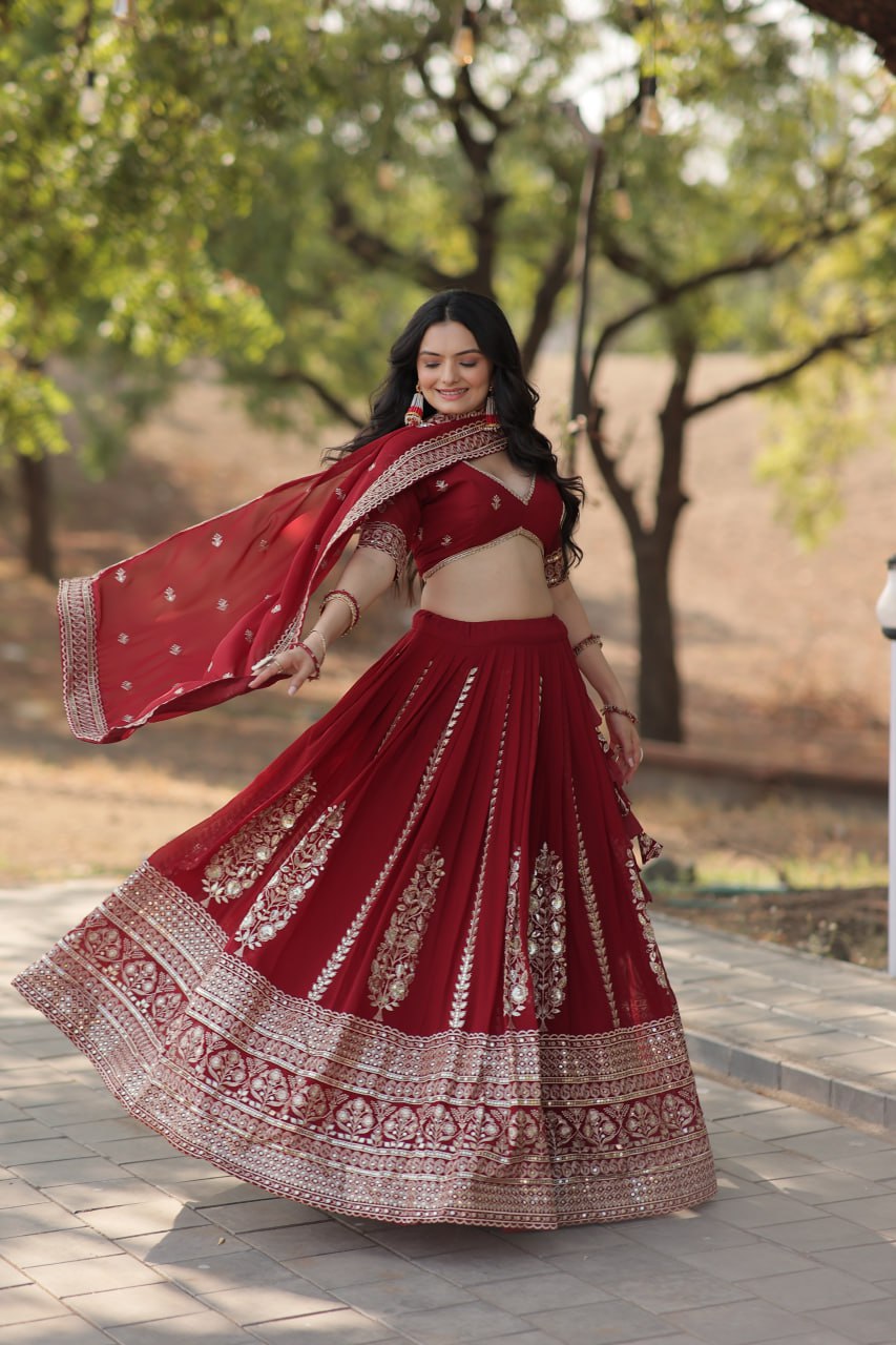 Trending Maroon Embroidered Georgette Lehenga Set (LF-7114)