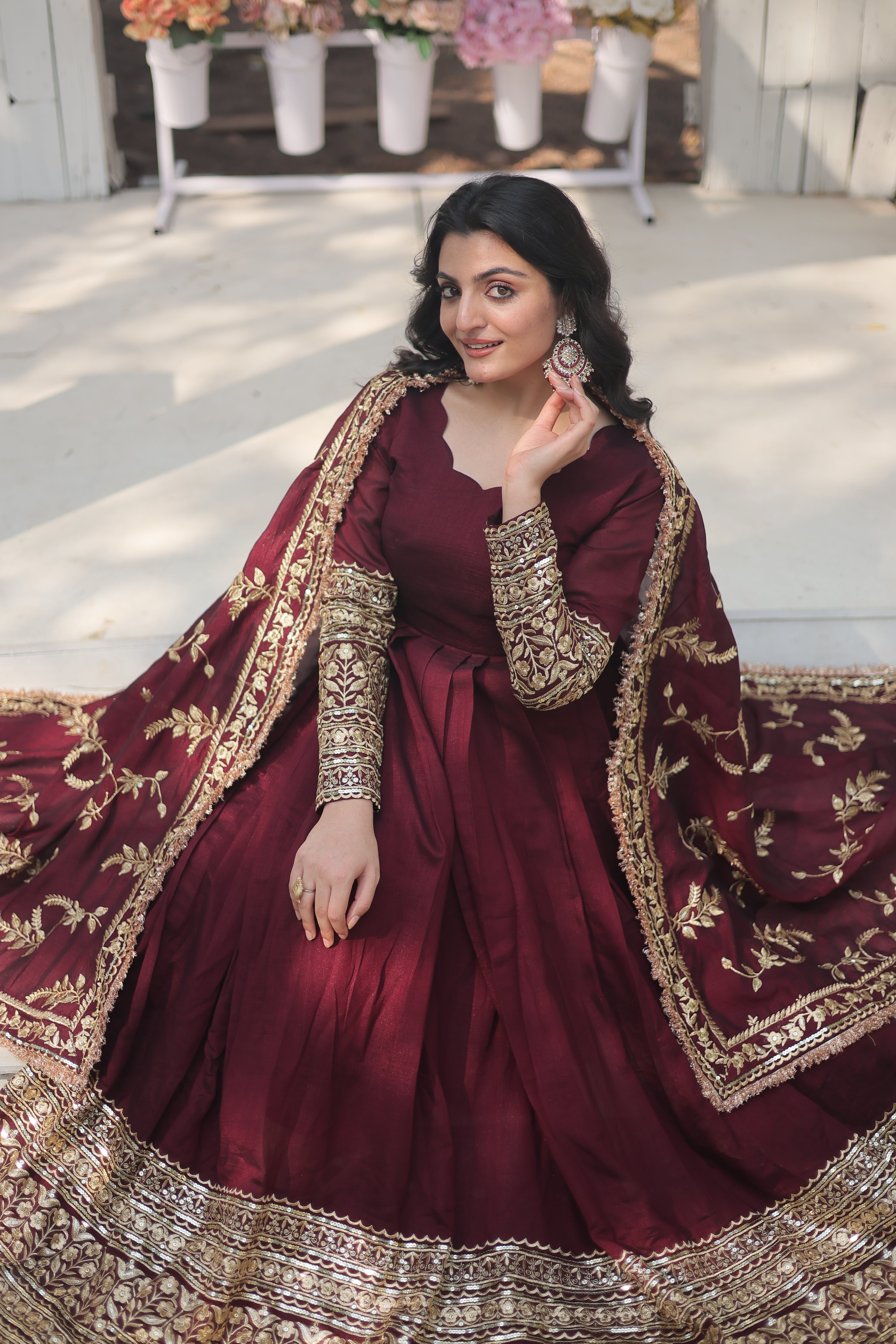 Dark Maroon Vichitra Shimmer Anarkali Gown by Ladyfamina LF-142